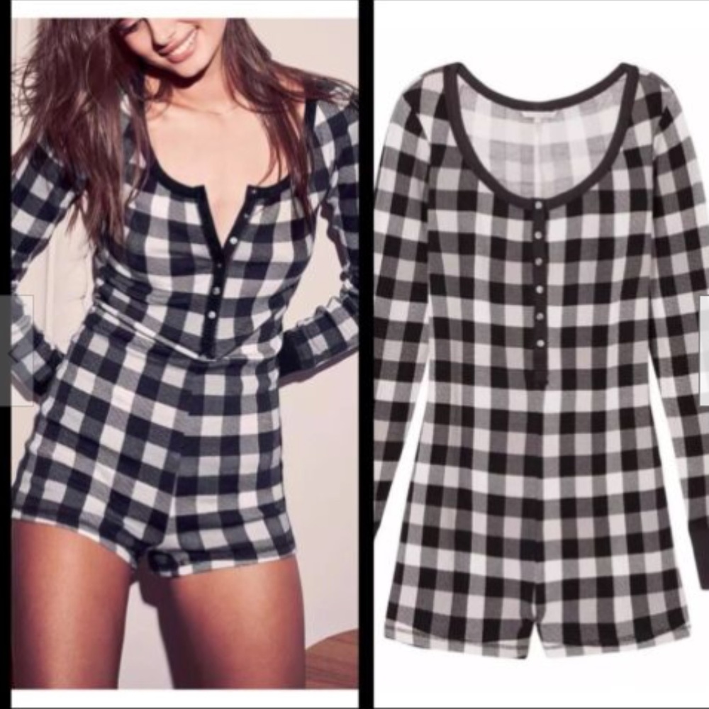 Victoria's Secret BLACK/GRAY PLAID THERMAL ROMPER